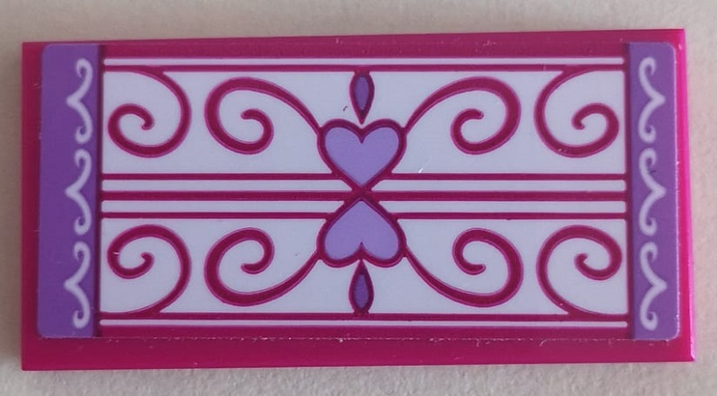 Lego Tile 2 x 4 with Floor Mat with Medium Lavender Edges and Hearts, Swirls and Lines on White Background Pattern (Sticker) - Set 41323 / Magenta