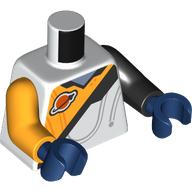 Lego Torso, Odd Arms, Space Suit, Black Diagonal Line, Bright Light Orange Top Half, Space Logo print, Left Black Arm, Right Bright Light Orange Arm, Dark Blue Hands / White