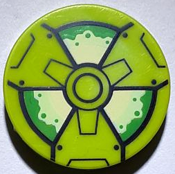 Lego Tile, Round 2 x 2 with Bottom Stud Holder with Black, Green and Yellowish Green Radioactivity Warning Pattern
