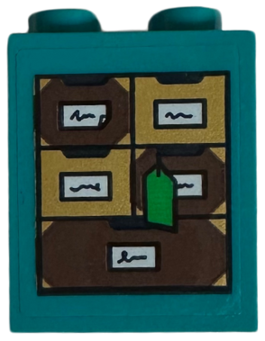 Lego Brick 1 x 2 x 2 with Inside Stud Holder with Reddish Brown and Gold Apothecary Drawers with White Labels and Bright Green Tag Pattern (Sticker) - Set 75684