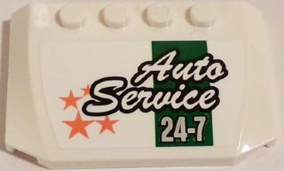 Lego Wedge 4 x 6 x 2/3 Triple Curved with 'Auto Service 24-7' and Orange Stars on White Background Pattern (Sticker) - Set 60081