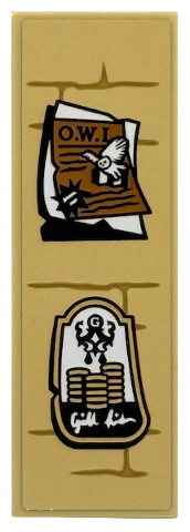 Lego Tile 2 x 6 with Brick Wall with Dark Tan Mortar, Medium Nougat and White Posters with Black 'O.W.L' / Owl and Gringotts Bank Pattern (Sticker) - Set 76450