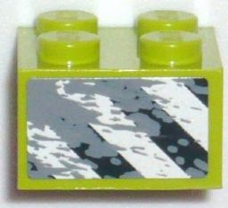 Lego Brick 2 x 2 with Black and White Danger Stripes and Mud Pattern Model Left Side (Sticker) - Set 8957 / Lime