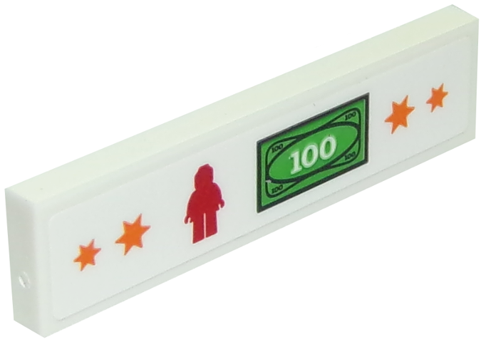 Lego Tile 1 x 4 with Orange Stars, Red Minifigure and $100 Bill Money Pattern (Sticker) - Set 10261 / White