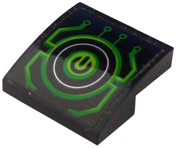 Lego Slope, Curved 2 x 2 x 2/3 with Green and Lime Power Button and Circuitry Pattern (Sticker) - Set 72005 / Black