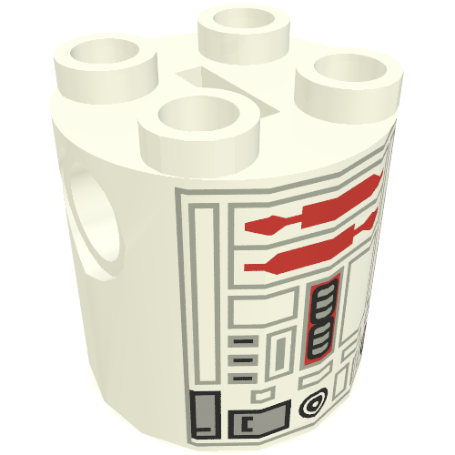 Lego Brick Round 2 x 2 x 2 Robot Body, no Axle Holder with Gray and Red Astromech Droid Print (R5-D4)