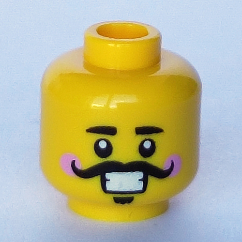 Lego Minifig Head Nutcracker, Bright Pink Cheeks, Large Black Mustache and Goatee, Open Mouth Smile / Closed Mouth Smile print / Yellow