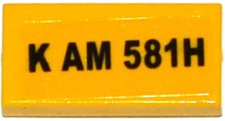 Lego Tile 1 x 2 with 'K AM 581H' Pattern (Sticker) - Set 76026 / Yellow