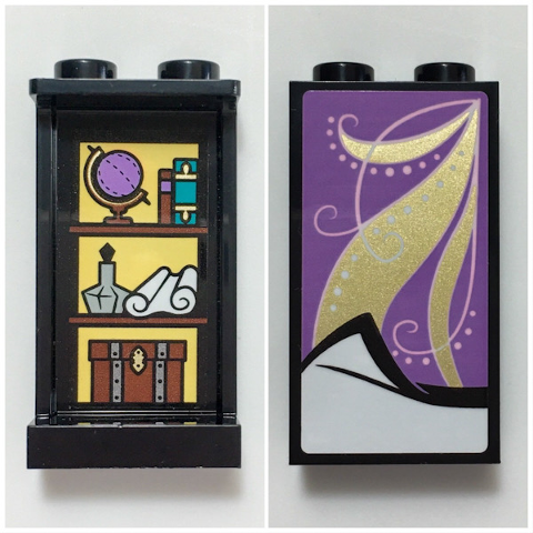 Lego Panel 1 x 2 x 3 with Side Supports - Hollow Studs with Medium Lavender Blanket with Gold Highlights on Outside and Shelves with Globe, Books, Scroll, Bottle, and Box on Inside Pattern (Stickers) - Set 41196 / Black