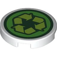 Lego Tile Round 2 x 2 with Lime Recycling Sign on Bright Light Green Field Print / White