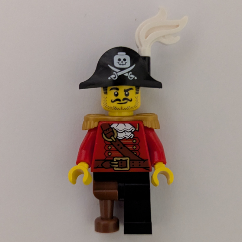 Lego Pirate, Red Coat, Peg Leg, Bicorne Hat with White Plume