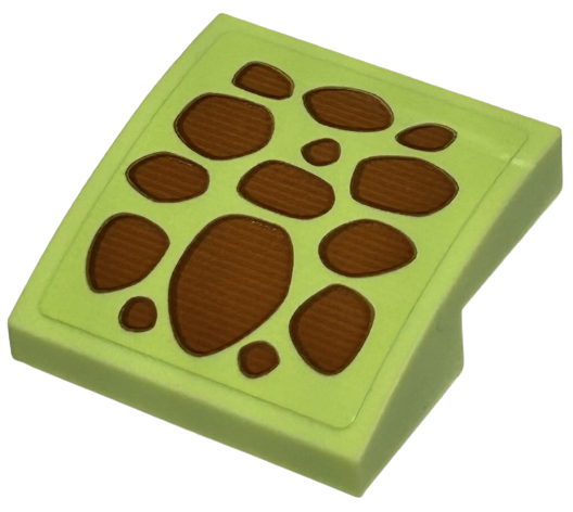 Lego Slope, Curved 2 x 2 x 2/3 with Reddish Brown Spots Pattern (Squirt Head) (Sticker) - Set 43226 / Yellowish Green