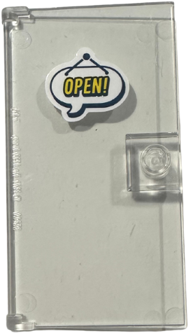 Lego Door 1 x 4 x 6 with Stud Handle with White Speech Bubble with Yellow 'OPEN!' Pattern (Sticker) - Set 42674 / Trans-Clear