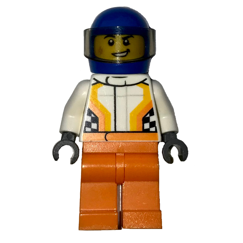 Lego Racer, White and Orange Jumpsuit, Blue Helmet with Visor