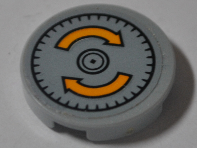 Lego Tile, Round 2 x 2 with Bottom Stud Holder with Yellow Curved Arrows Pattern (Sticker) - Set 76067 / Light Bluish Gray