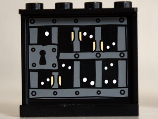 Lego Panel 1 x 4 x 3 with Side Supports - Hollow Studs with Prison Bars. White Eyes and Minifigure Hands Pattern on Inside (Sticker) - Set 10237