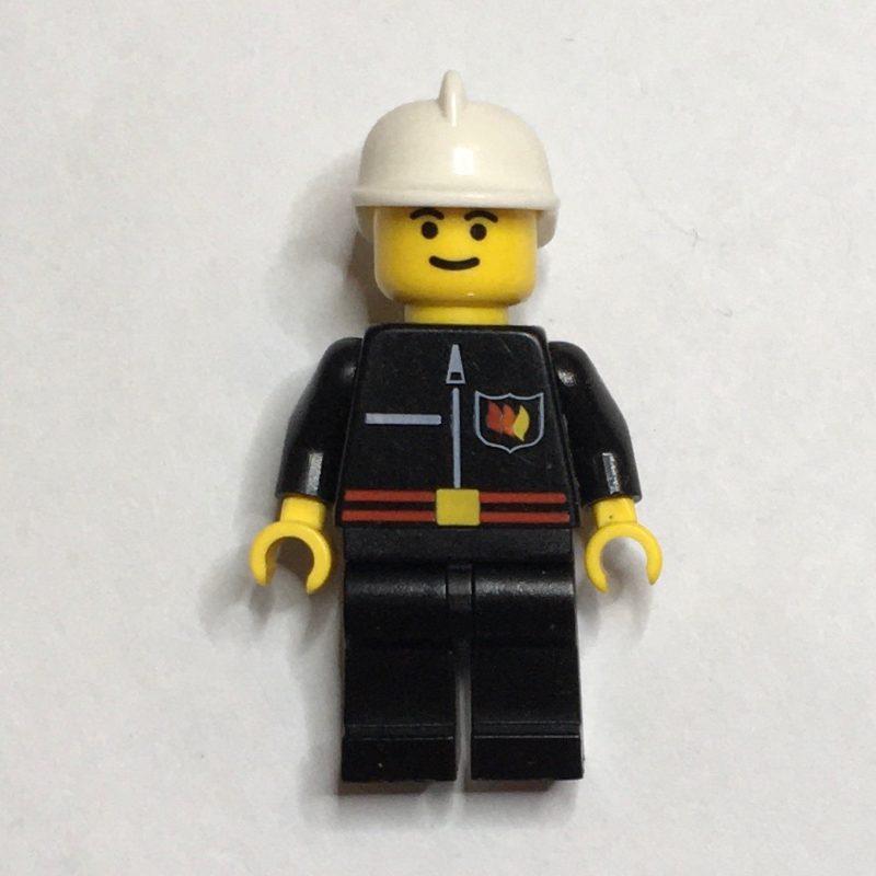 Lego Fireman, Black Fire Jacket with Red Belt and Badge, White Helmet
