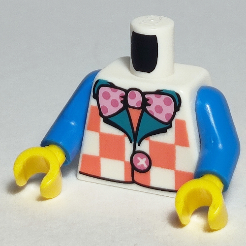 Lego Torso Vest with Coral Checks, Bright Pink Polka Dot Bow Tie Print, Dark Azure Arms, Yellow Hands / White
