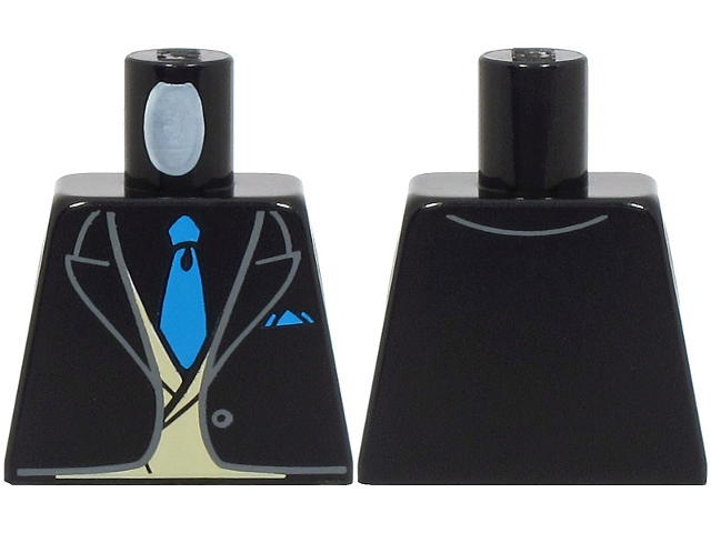 Lego Torso Suit Jacket Open with Button over Tan Vest, Dark Azure Tie and Pocket Square Pattern (BAM) / Black