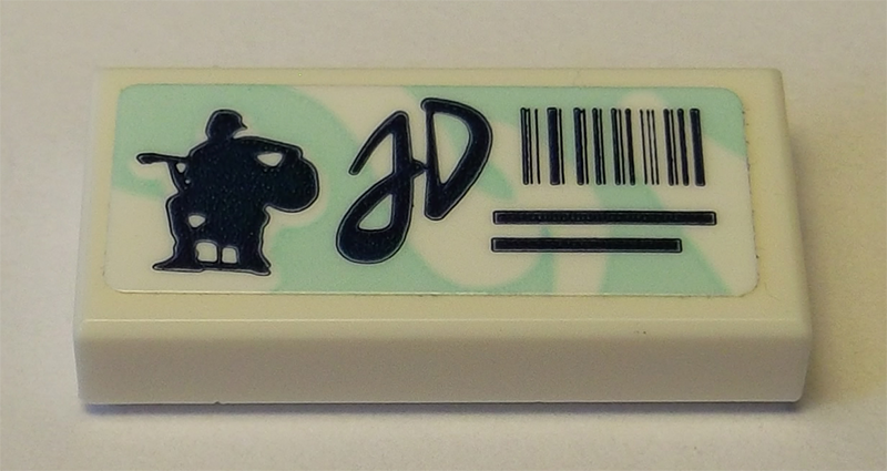 Lego Tile 1 x 2 with Light Aqua Swirl Background and Black Guitar Player Silhouette, 'JD' and Barcode Pattern (Sticker) - Set 41342