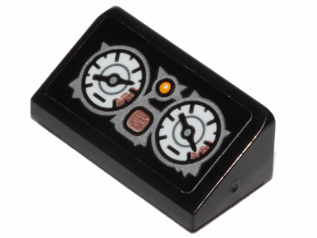 Lego Slope 30 1 x 2 x 2/3 with 2 White Gauges and Orange Button Pattern (Sticker) - Set 70829 / Black