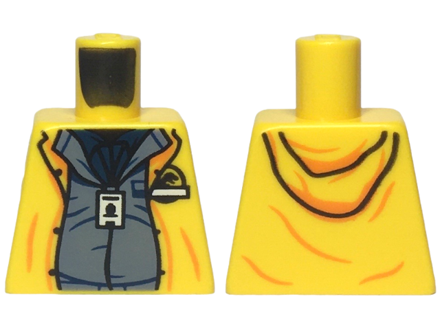 Lego Torso Hoodie over Sand Blue Shirt and Dark Blue Undershirt, ID Badge, Jurassic Park Logo Pattern / Yellow