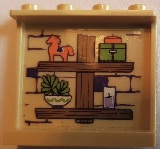 Lego Panel 1 x 4 x 3 with Side Supports - Hollow Studs with Wooden Shelves with Toy and Pot Pattern (Sticker) - Set 41369 / Tan