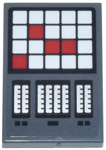 Lego Tile 2 x 3 with Control Panel, Red and White Lights and Buttons Grid, Silver Level Gauges Pattern (Sticker) - Set 75419 / Dark Bluish Gray