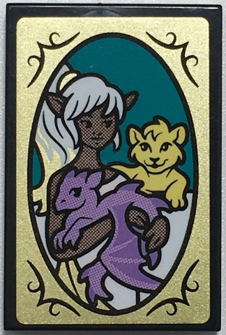 Lego Tile 2 x 3 with Female Elf, Baby Dragon and Lion Cub Picture in Gold Oval Frame Pattern (Sticker) - Set 41196 / Black