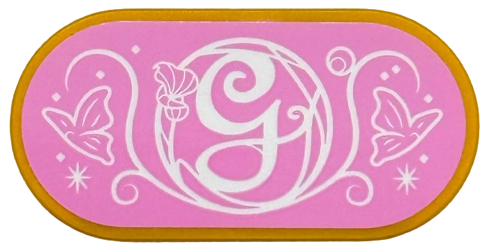 Lego Tile, Round 2 x 4 Oval with White Script Capital Letter G (Glinda), Butterflies, Filigree, Flower and Sparkles on Bright Pink Background Pattern (Sticker) - Set 75682 / Pearl Gold