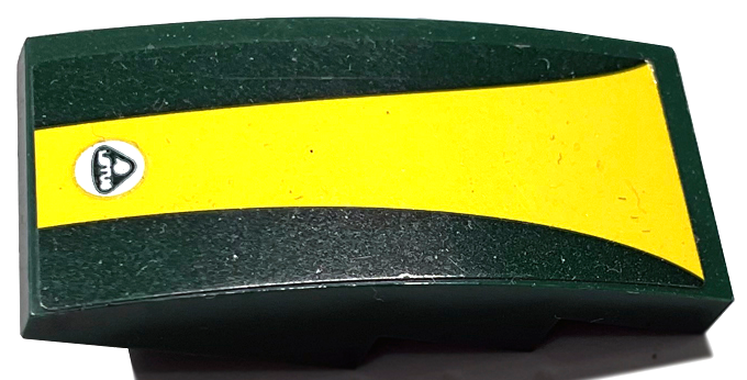 Lego Slope, Curved 4 x 2 with Lotus Logo on Tapered Yellow Stripe Pattern (Sticker) - Set 76907 / Dark Green