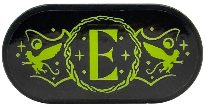 Lego Tile, Round 2 x 4 Oval with Lime Capital Letter E (Elphaba), Flying Monkeys, Braided Circle and Sparkles Pattern (Sticker) - Set 75682 / Black