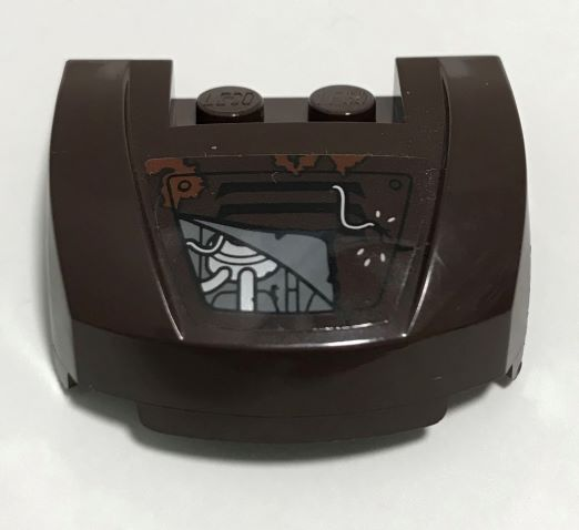 Lego Vehicle, Mudguard 3 x 4 x 1 2/3 Curved Front with Partially Exposed Engine, Loose Wire and Reddish Brown Splatters Pattern Model Right Side (Sticker) - Set 70228 / Dark Brown