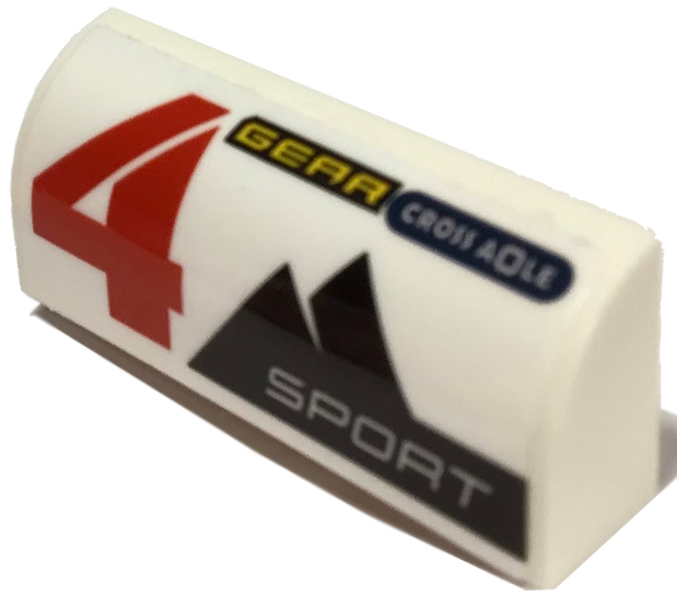 Lego Slope, Curved 1 x 4 x 1 1/3 with Red Number 4, 'CROSS AXLE', 'GEAR', 'SPORT' and Mountains Pattern Model Left Side (Sticker) - Set 60256