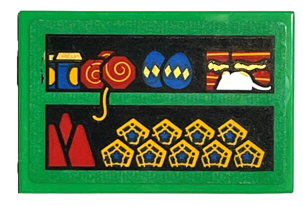 Lego Tile 2 x 3 with Bright Green Shelf with Chocolate Frogs, Blue and Gold Eggs, White Rat, Red Cones, and Sweet Treats Pattern (Sticker) - Set 76405 / Bright Green