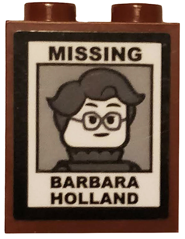 Lego Brick 1 x 2 x 2 with Inside Stud Holder with 'MISSING', Woman Minifigure with Glasses, and 'BARBARA HOLLAND' Pattern (Sticker) - Set 75810