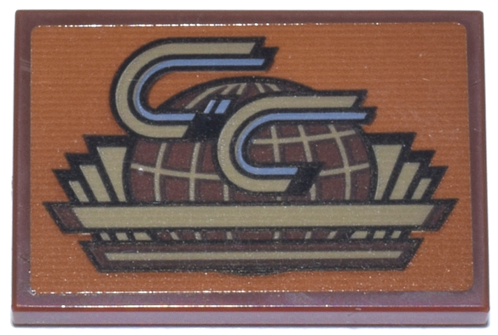 Lego Tile 2 x 3 with Dark Tan, Reddish Brown, and Sand Blue 'GC' GothCorp Globe Logo on Dark Orange Background Pattern (Sticker) - Set 76271
