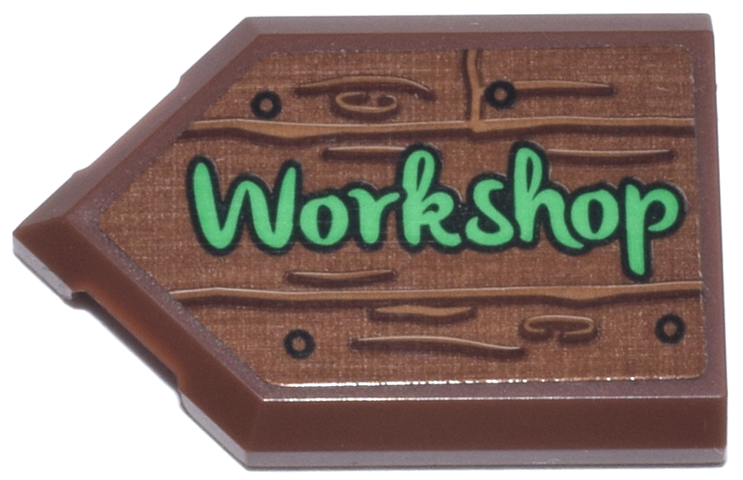 Lego Tile, Modified 2 x 3 Pentagonal with Sign with Black Nails, Medium Nougat Wood Grain and Bright Green 'Workshop' Pattern (Sticker) - Set 10339