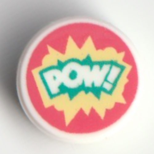 Lego Tile Round 1 x 1 with 'POW', Dark Turquoise/Bright Light Yellow Outline on Coral Background Print / White