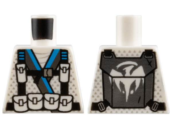 Lego Torso Ninjago Robe with Dark Azure and Dark Silver Trim, Black Harness with Pouches and Silver Buckle, Backpack with Dragon Logo Pattern / White