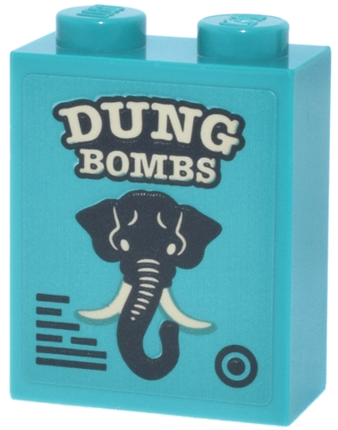 Lego Brick 1 x 2 x 2 with Inside Stud Holder with Tan and Black 'DUNG BOMBS' and Elephant Pattern (Sticker) - Set 76457