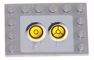 Lego Tile, Modified 4 x 6 with Studs on Edges with 2 Yellow Circles with Bionicle Code Pattern 5 (Sticker) - Set 8759 / Dark Bluish Gray