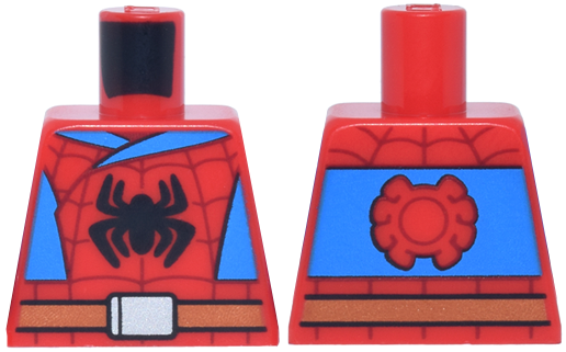 Lego Torso Black Spider, Dark Red Webbing, Dark Azure Side Panels, Dark Orange Belt, Silver Buckle, Red Spider on Back Pattern / Red