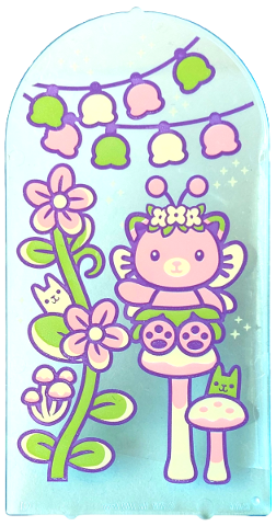 Lego Glass for Door Frame 1 x 6 x 7 Arched with Notches and Rounded Pillars with Bright Light Yellow, Lime and Warm Pink Lanterns, Flowers, Cat, Mushrooms, Stars and Kitty Fairy, Dark Purple Outlines Pattern / Trans-Light Blue