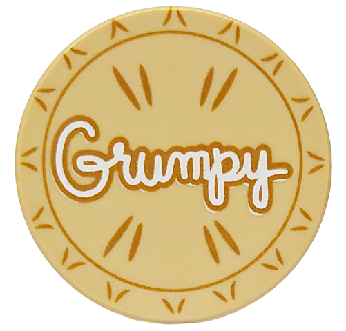 Lego Tile, Round 2 x 2 with Bottom Stud Holder with White 'Grumpy', Dark Tan Outline and Lines (Pie Lid) Pattern