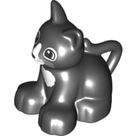 Lego Duplo Animal Cat / Kitten Sitting with Black Eyes and Whiskers and White Chest and Nose Print / Black