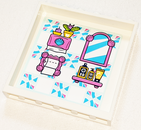 Lego Panel 1 x 6 x 5 with Paper Towels, Toilet Paper Roll, Mirror and Sunscreens on Shelf Pattern on Inside (Sticker) - Set 41347