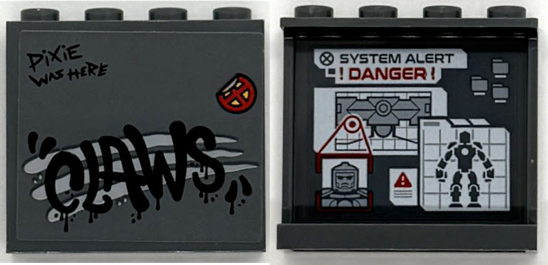 Lego Panel 1 x 4 x 3 with Side Supports - Hollow Studs with 'PiXiE WAS HERE' and 'CLAWS' Graffiti on Outside, 'SYSTEM ALERT DANGER' and Diagrams on Inside Pattern (Stickers) - Set 76294 / Dark Bluish Gray
