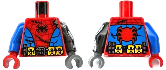 Lego Torso Spider-Man Costume, Dark Red Webbing, Black Spider and Stitches, Blue Panels, Utility Belt with Buckle, Pouches and Grenades Pattern / Pearl Dark Gray Arm Left with Armor and Grenades Pattern / Blue Arm Right / Dark Bluish Gray Hand Left / Red Hand Right