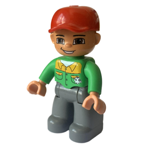 Lego Duplo Figure with Cap Red, with Bright Green Long Sleeve Shirt with Light Orange Collar and Pocket Flaps - Nougat Face with Closed Mouth Smile - Dark Bluish Gray Legs / Bright Green
